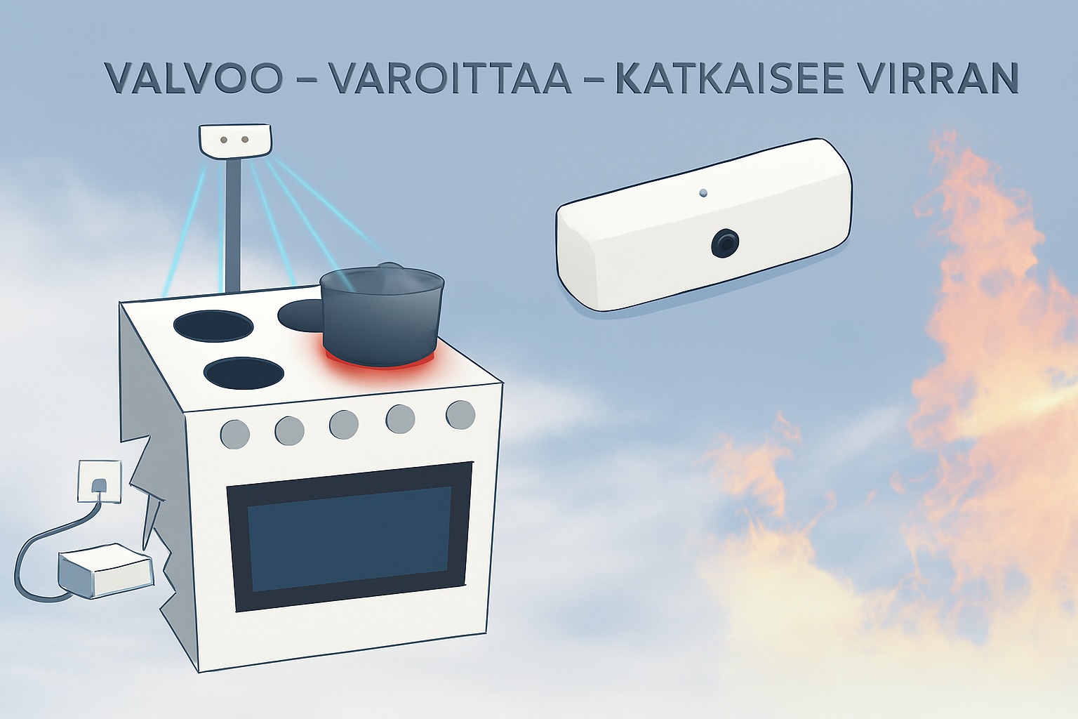 Havainnekuva kertoo miten Prefi - Liesivahti toimii: valvoo - varoittaa - katkaisee